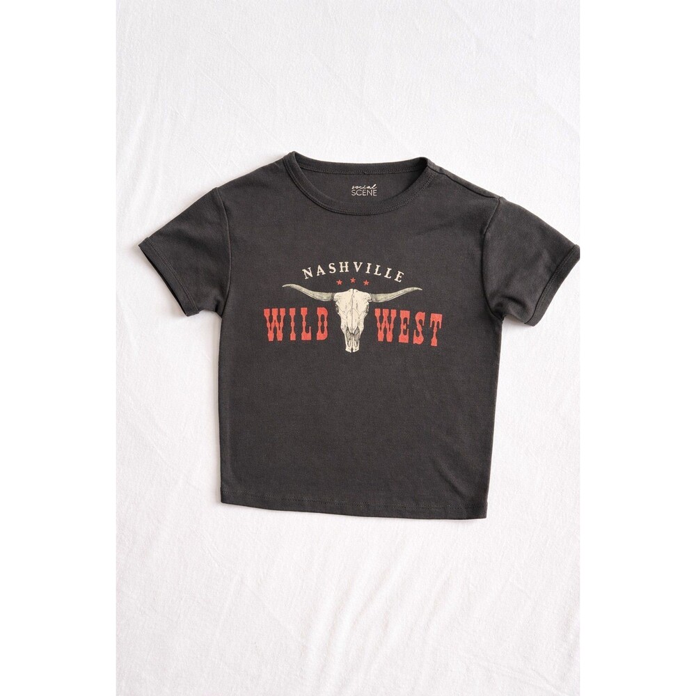 Social Scene Nashville Wild West Cropped Graphic Tee Size Small Gray Western Cow